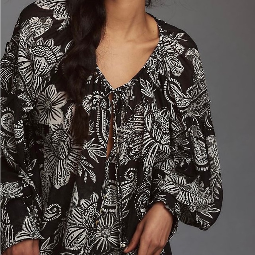 FARM Rio Black & White Paisley Bloom Floral Tie-Neck Blouse, 100% Cotton